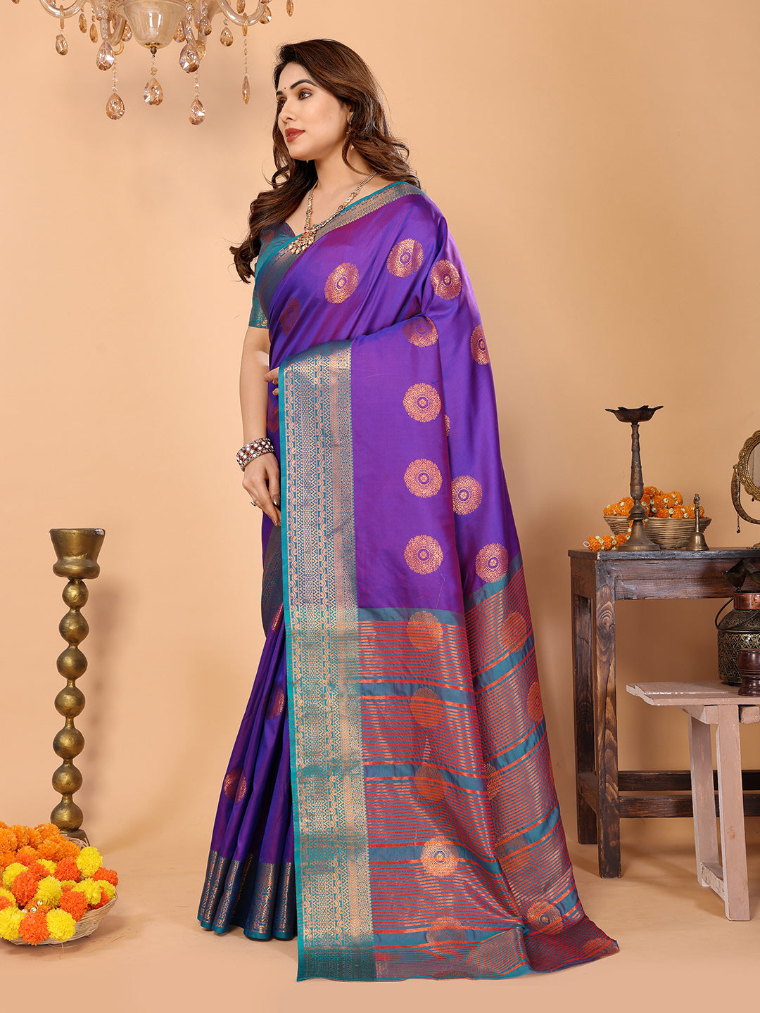 Royal Purple Soft Silk Saree with Peacock Blue Zari Border & Circular Floral Medallion Motifs