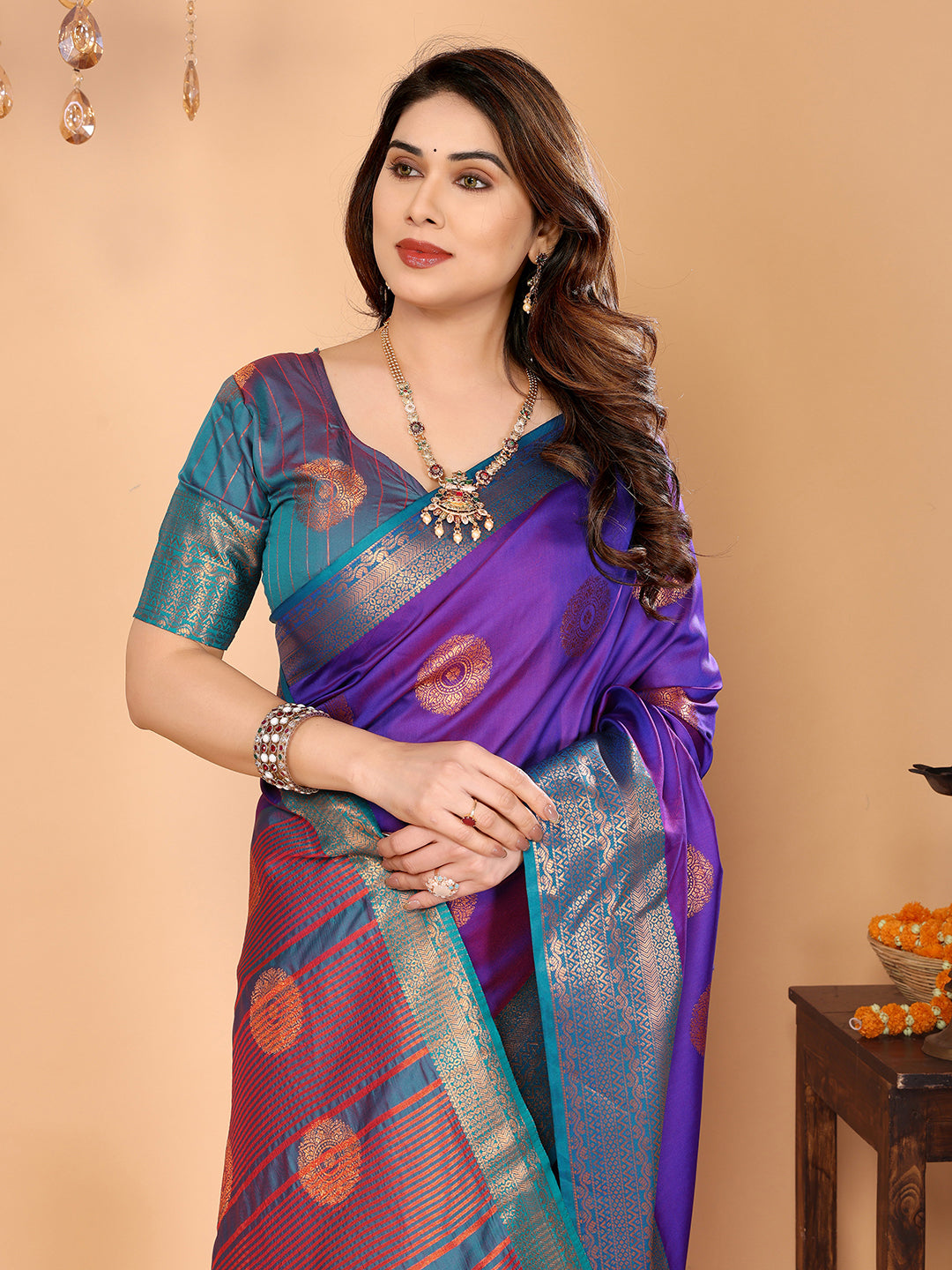 Royal Purple Soft Silk Saree with Peacock Blue Zari Border & Circular Floral Medallion Motifs