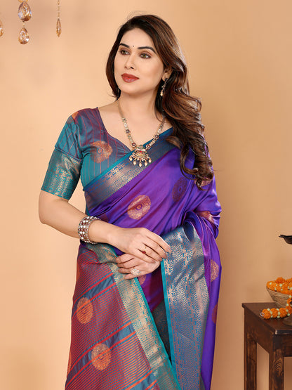 Royal Purple Soft Silk Saree with Peacock Blue Zari Border & Circular Floral Medallion Motifs