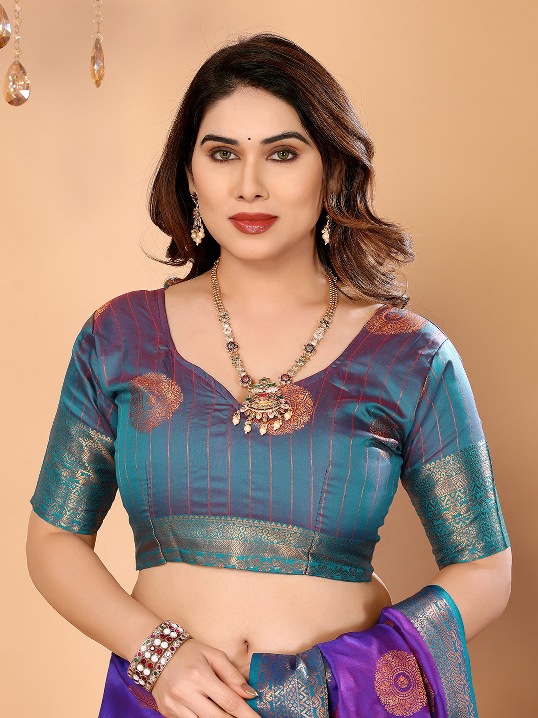 Royal Purple Soft Silk Saree with Peacock Blue Zari Border & Circular Floral Medallion Motifs