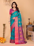 Rama Blue Soft Silk Saree with Magenta Pink Zari Border & Circular Floral Butti Motifs