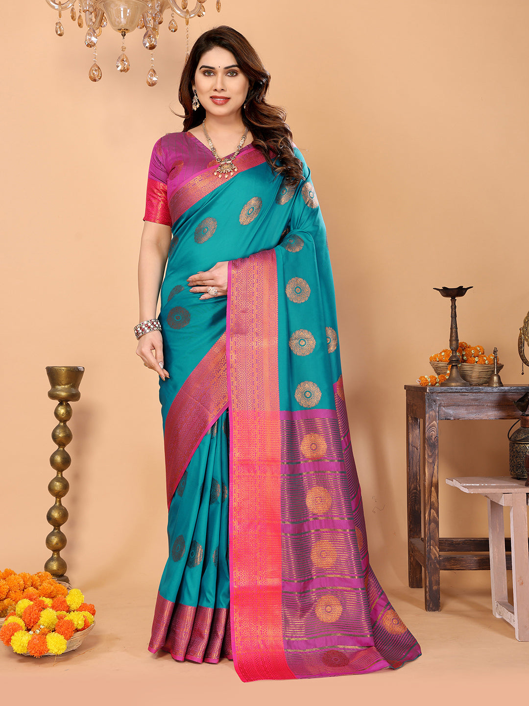 Rama Blue Soft Silk Saree with Magenta Pink Zari Border & Circular Floral Butti Motifs