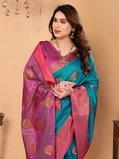 Rama Blue Soft Silk Saree with Magenta Pink Zari Border & Circular Floral Butti Motifs
