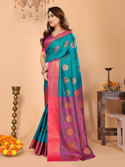 Rama Blue Soft Silk Saree with Magenta Pink Zari Border & Circular Floral Butti Motifs