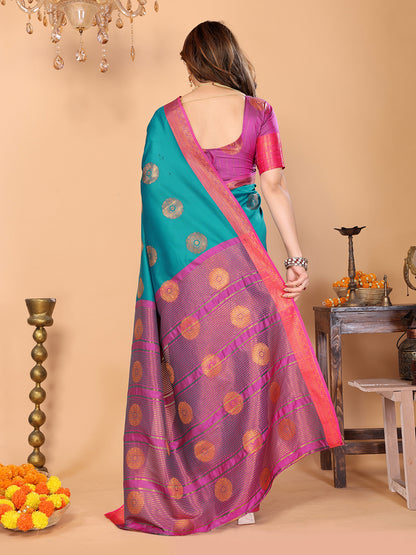 Rama Blue Soft Silk Saree with Magenta Pink Zari Border & Circular Floral Butti Motifs