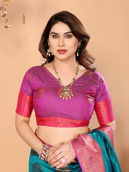 Rama Blue Soft Silk Saree with Magenta Pink Zari Border & Circular Floral Butti Motifs