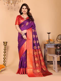 Wine Purple Soft Silk Saree with Vermilion Red Zari Border & Floral Zari Motifs