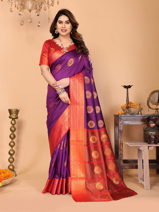 Wine Purple Soft Silk Saree with Vermilion Red Zari Border & Floral Zari Motifs