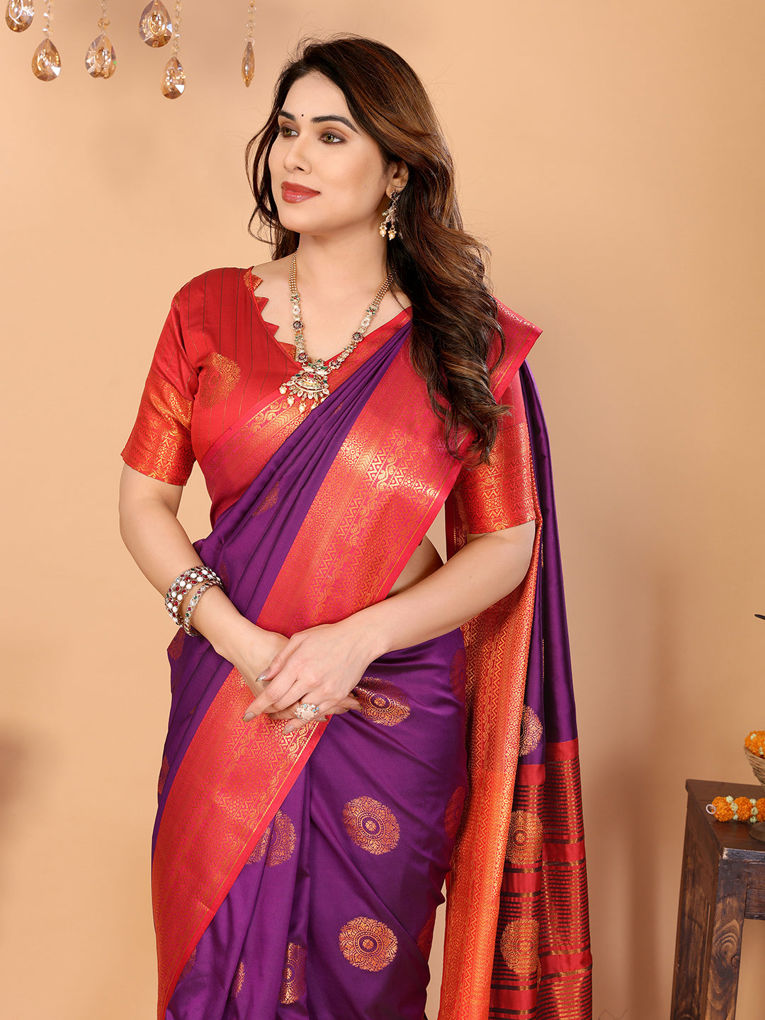 Wine Purple Soft Silk Saree with Vermilion Red Zari Border & Floral Zari Motifs