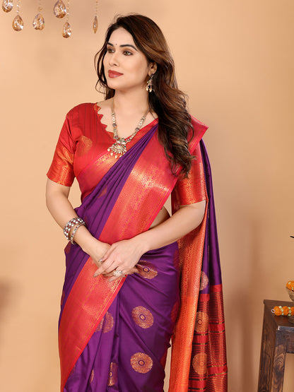 Wine Purple Soft Silk Saree with Vermilion Red Zari Border & Floral Zari Motifs