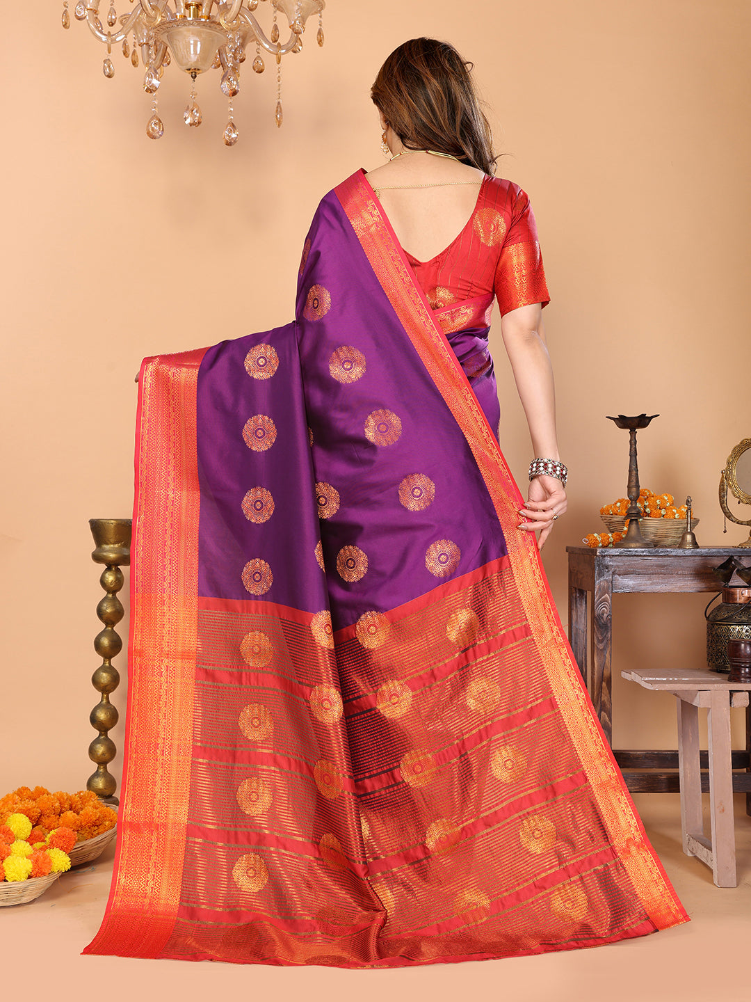 Wine Purple Soft Silk Saree with Vermilion Red Zari Border & Floral Zari Motifs