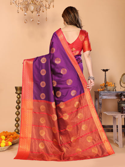 Wine Purple Soft Silk Saree with Vermilion Red Zari Border & Floral Zari Motifs