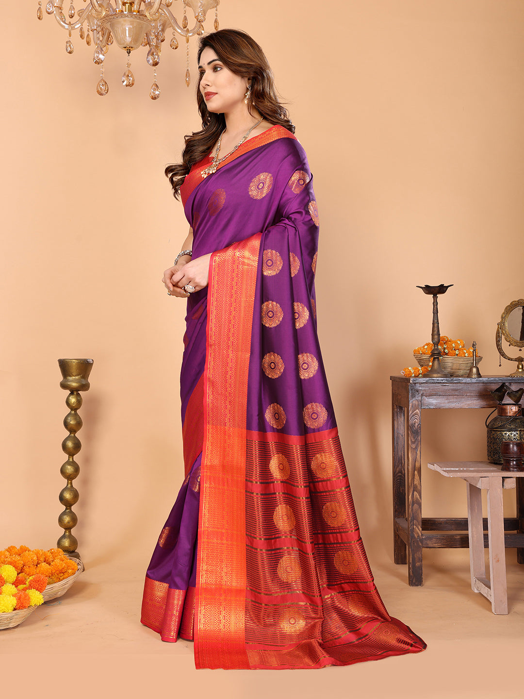 Wine Purple Soft Silk Saree with Vermilion Red Zari Border & Floral Zari Motifs