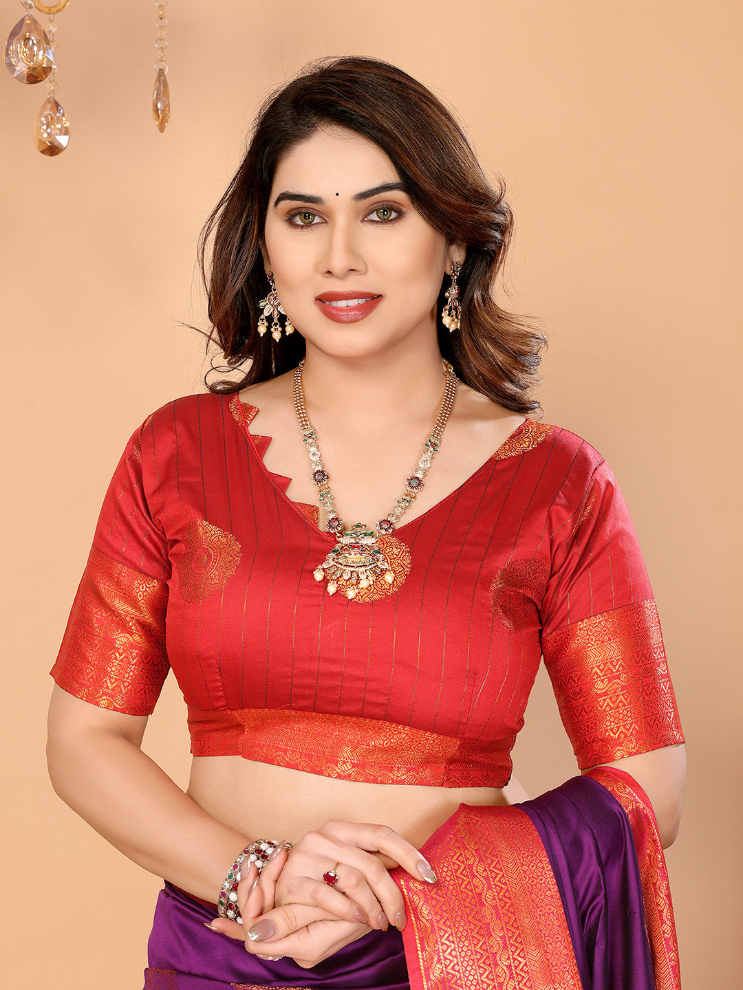 Wine Purple Soft Silk Saree with Vermilion Red Zari Border & Floral Zari Motifs