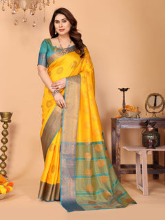 Sunshine Yellow Soft Silk Saree with Aqua Blue Zari Border & Traditional Woven Pallu