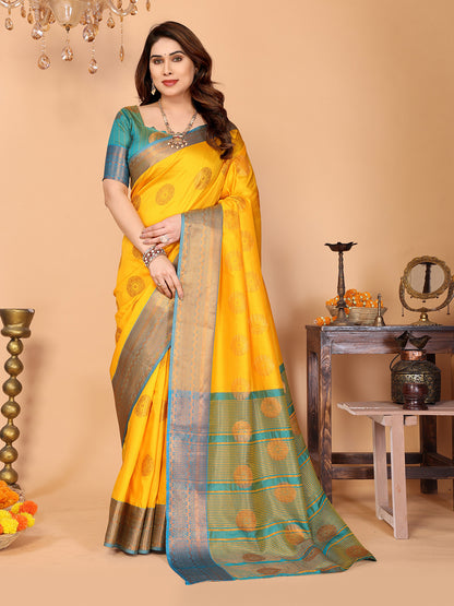 Sunshine Yellow Soft Silk Saree with Aqua Blue Zari Border & Traditional Woven Pallu