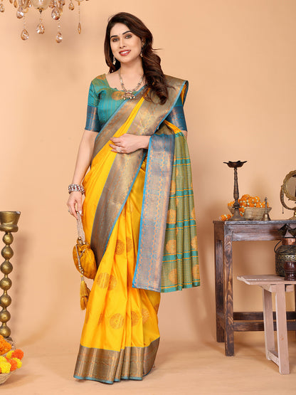 Sunshine Yellow Soft Silk Saree with Aqua Blue Zari Border & Traditional Woven Pallu