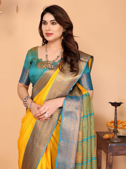Sunshine Yellow Soft Silk Saree with Aqua Blue Zari Border & Traditional Woven Pallu