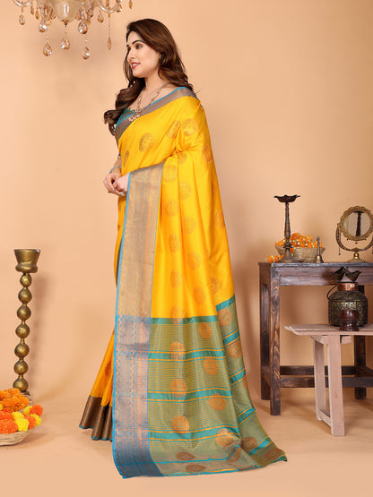 Sunshine Yellow Soft Silk Saree with Aqua Blue Zari Border & Traditional Woven Pallu