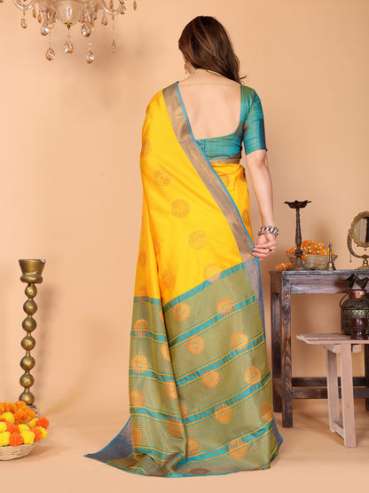 Sunshine Yellow Soft Silk Saree with Aqua Blue Zari Border & Traditional Woven Pallu