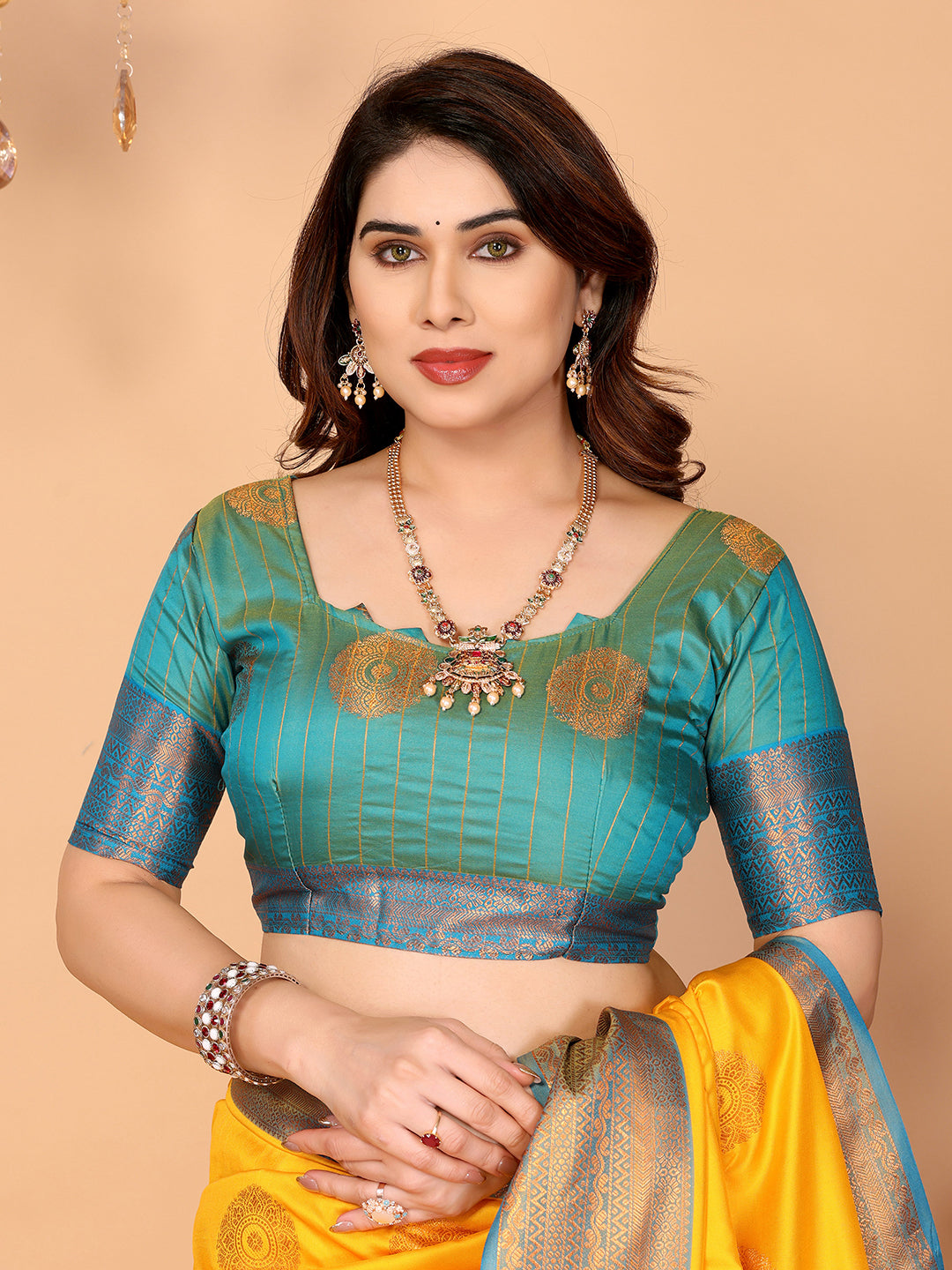 Sunshine Yellow Soft Silk Saree with Aqua Blue Zari Border & Traditional Woven Pallu