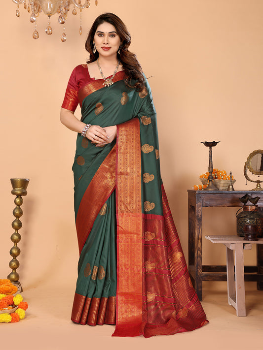 Bottle Green Soft Silk Saree with Maroon Zari Border & Traditional Woven Pallu
