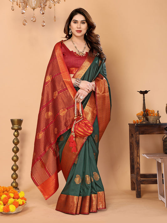 Bottle Green Soft Silk Saree with Maroon Zari Border & Traditional Woven Pallu