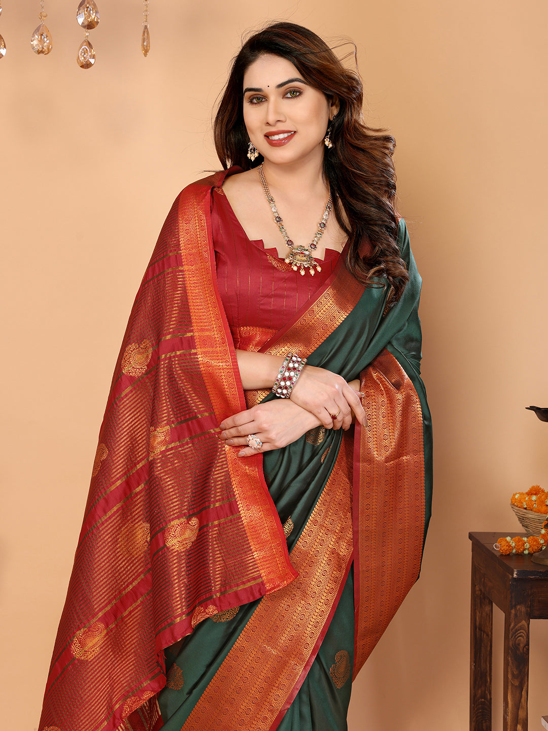 Bottle Green Soft Silk Saree with Maroon Zari Border & Traditional Woven Pallu