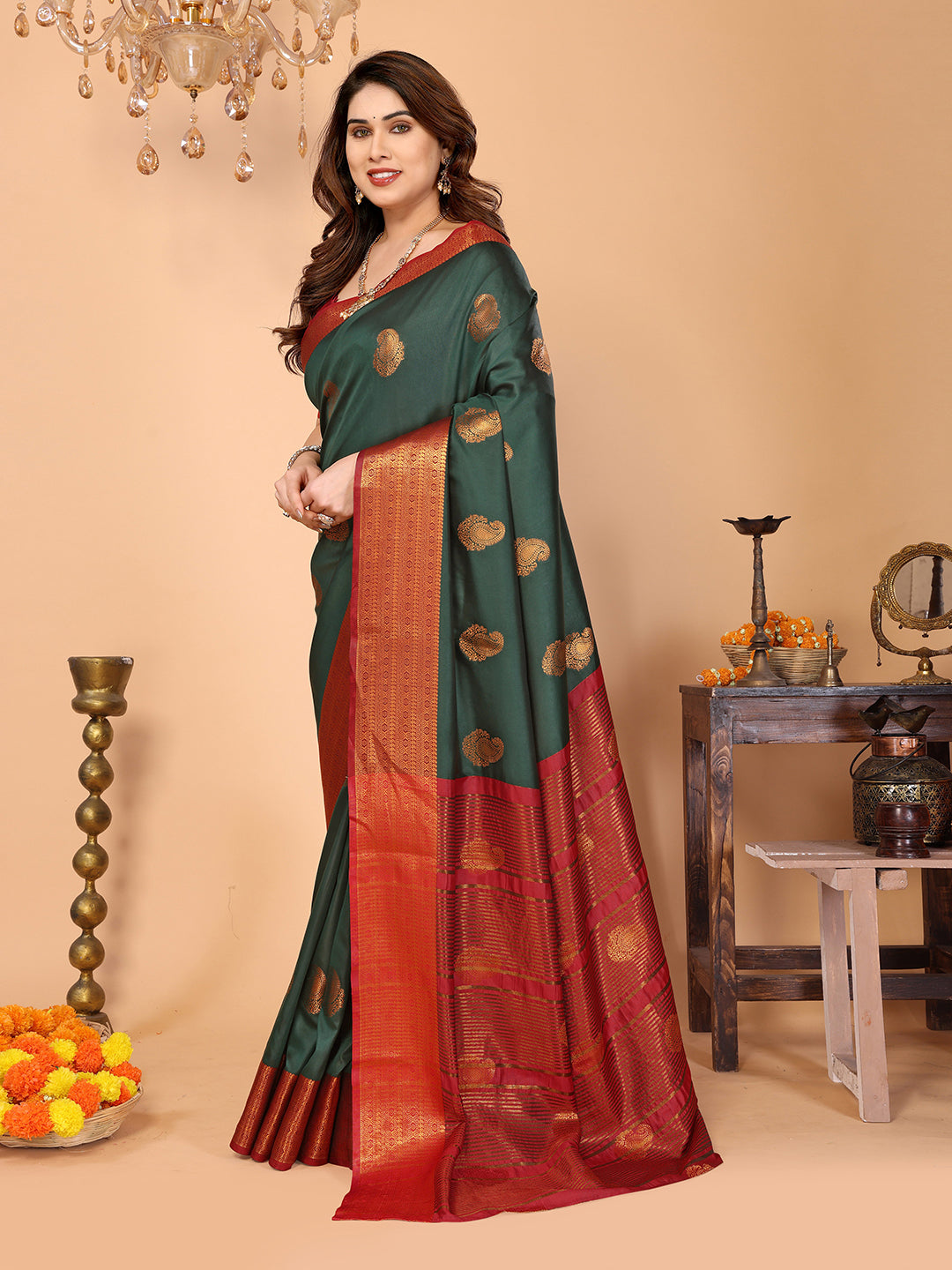 Bottle Green Soft Silk Saree with Maroon Zari Border & Traditional Woven Pallu