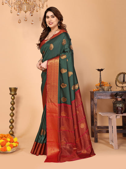 Bottle Green Soft Silk Saree with Maroon Zari Border & Traditional Woven Pallu