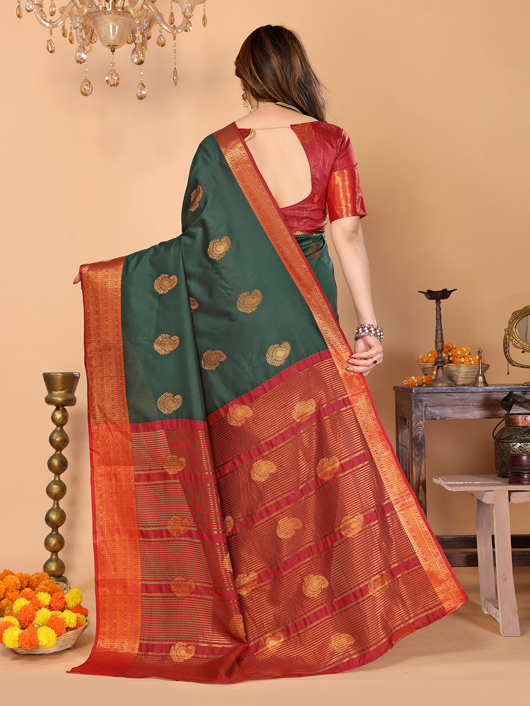 Bottle Green Soft Silk Saree with Maroon Zari Border & Traditional Woven Pallu
