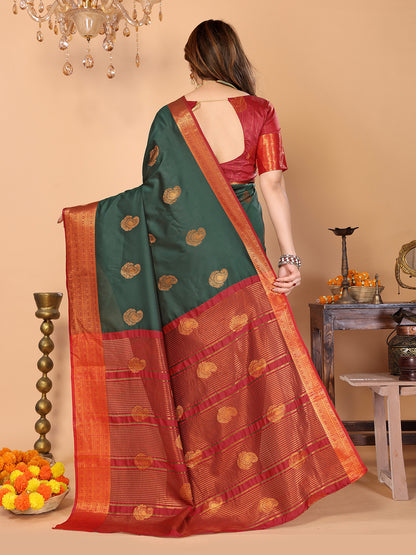 Bottle Green Soft Silk Saree with Maroon Zari Border & Traditional Woven Pallu