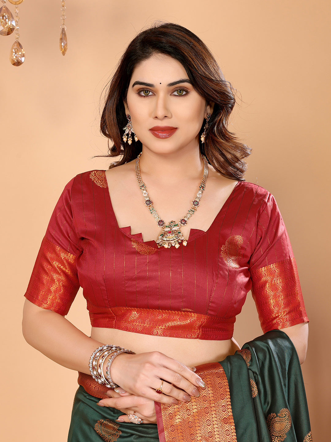 Bottle Green Soft Silk Saree with Maroon Zari Border & Traditional Woven Pallu