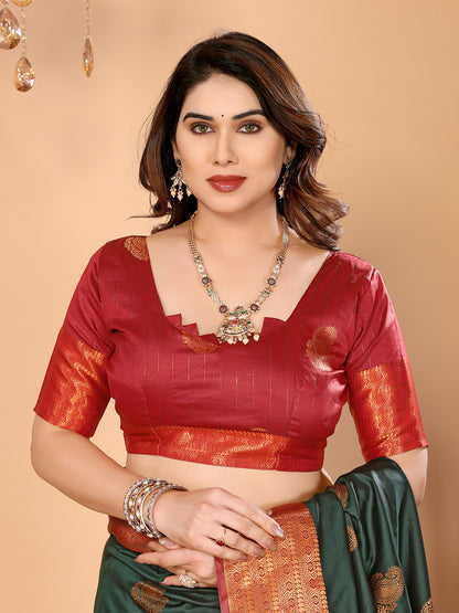 Bottle Green Soft Silk Saree with Maroon Zari Border & Traditional Woven Pallu