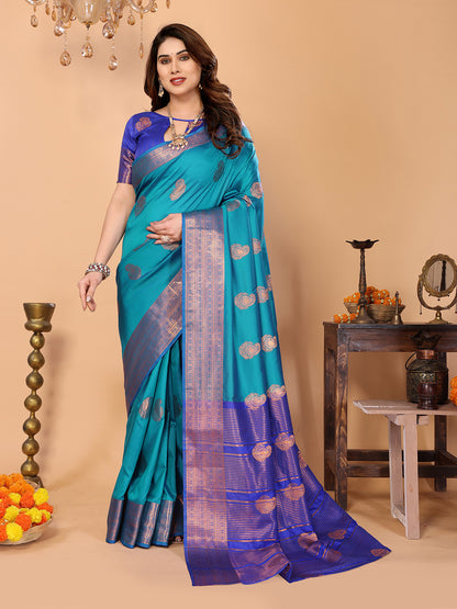 Firozi Blue Soft Silk Saree with Royal Blue Zari Border & Traditional Woven Pallu