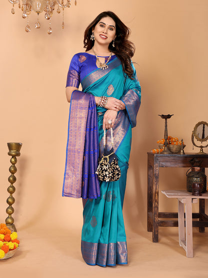 Firozi Blue Soft Silk Saree with Royal Blue Zari Border & Traditional Woven Pallu