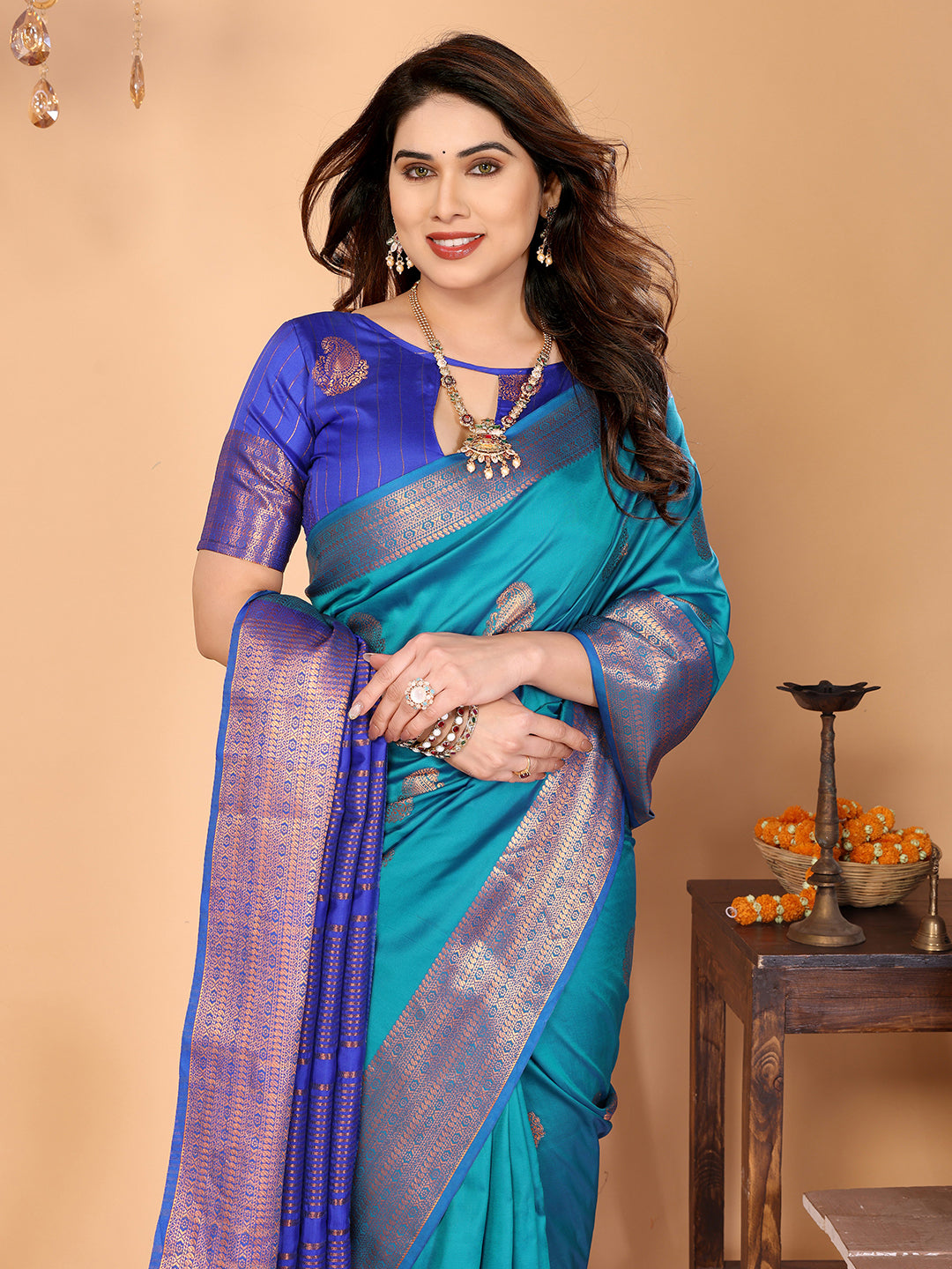 Firozi Blue Soft Silk Saree with Royal Blue Zari Border & Traditional Woven Pallu