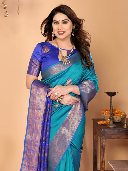 Firozi Blue Soft Silk Saree with Royal Blue Zari Border & Traditional Woven Pallu
