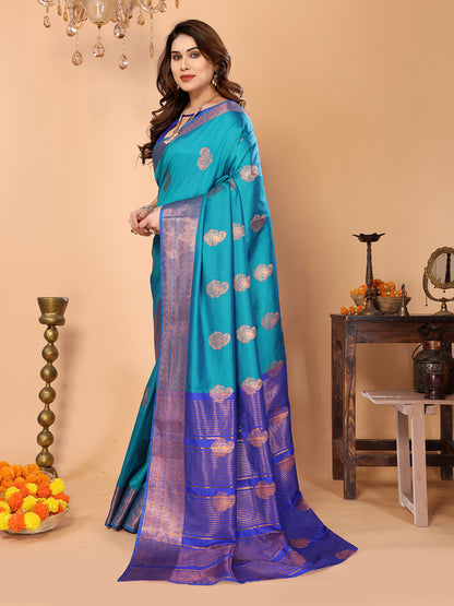 Firozi Blue Soft Silk Saree with Royal Blue Zari Border & Traditional Woven Pallu