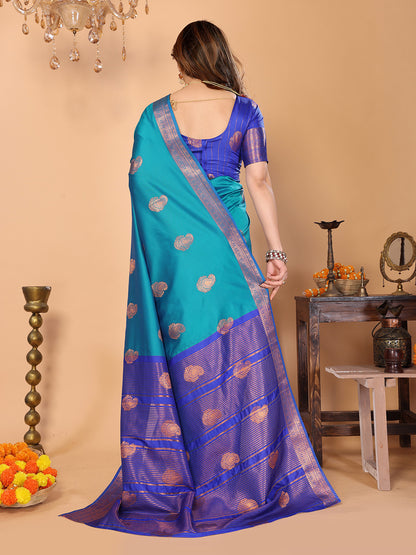 Firozi Blue Soft Silk Saree with Royal Blue Zari Border & Traditional Woven Pallu