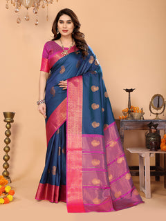Navy Blue Soft Silk Saree with Rani Pink Zari Border & Traditional Woven Pallu