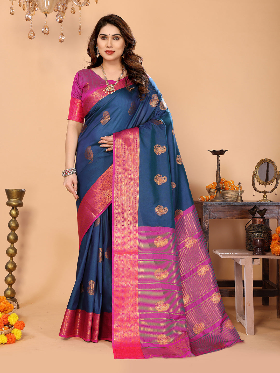 Navy Blue Soft Silk Saree with Rani Pink Zari Border & Traditional Woven Pallu