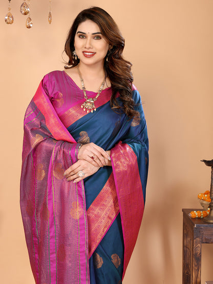 Navy Blue Soft Silk Saree with Rani Pink Zari Border & Traditional Woven Pallu