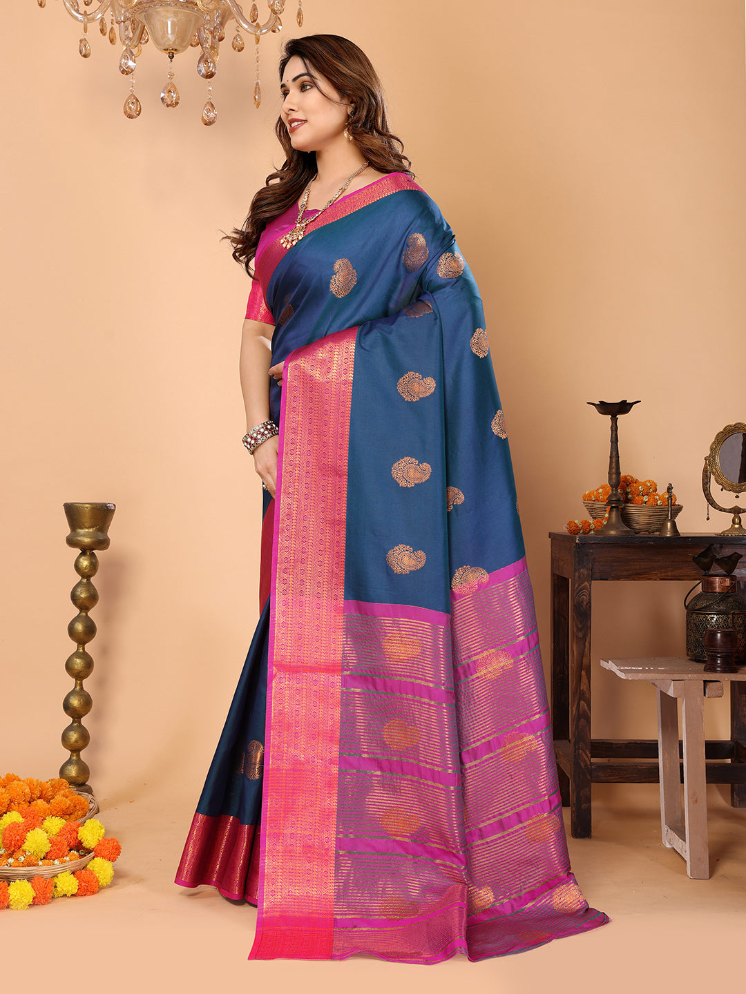 Navy Blue Soft Silk Saree with Rani Pink Zari Border & Traditional Woven Pallu