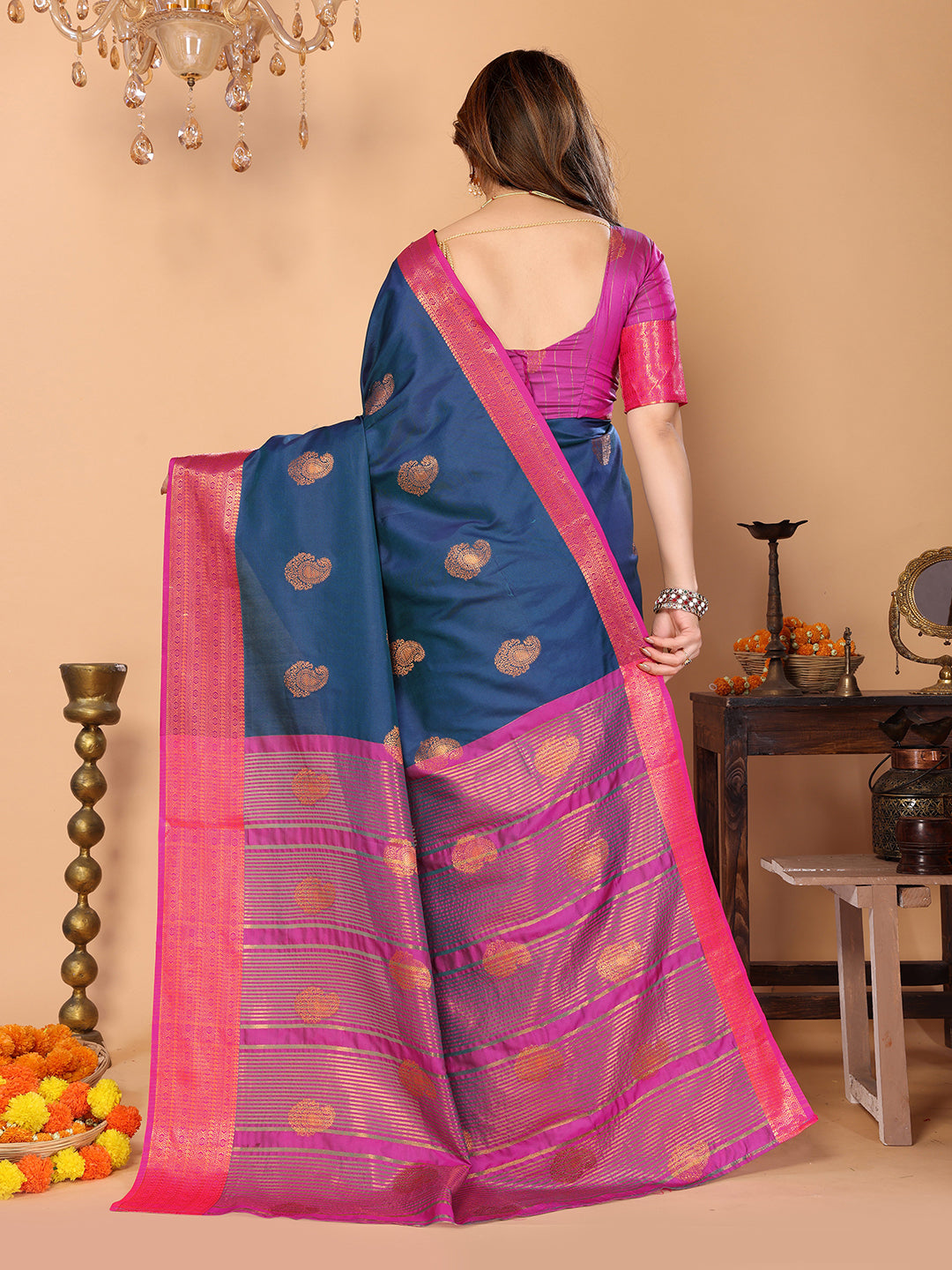 Navy Blue Soft Silk Saree with Rani Pink Zari Border & Traditional Woven Pallu