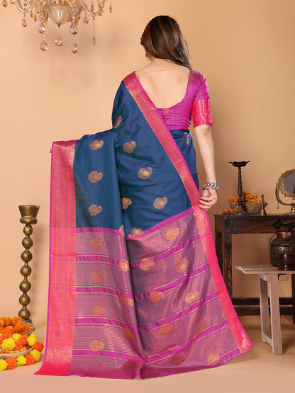 Navy Blue Soft Silk Saree with Rani Pink Zari Border & Traditional Woven Pallu