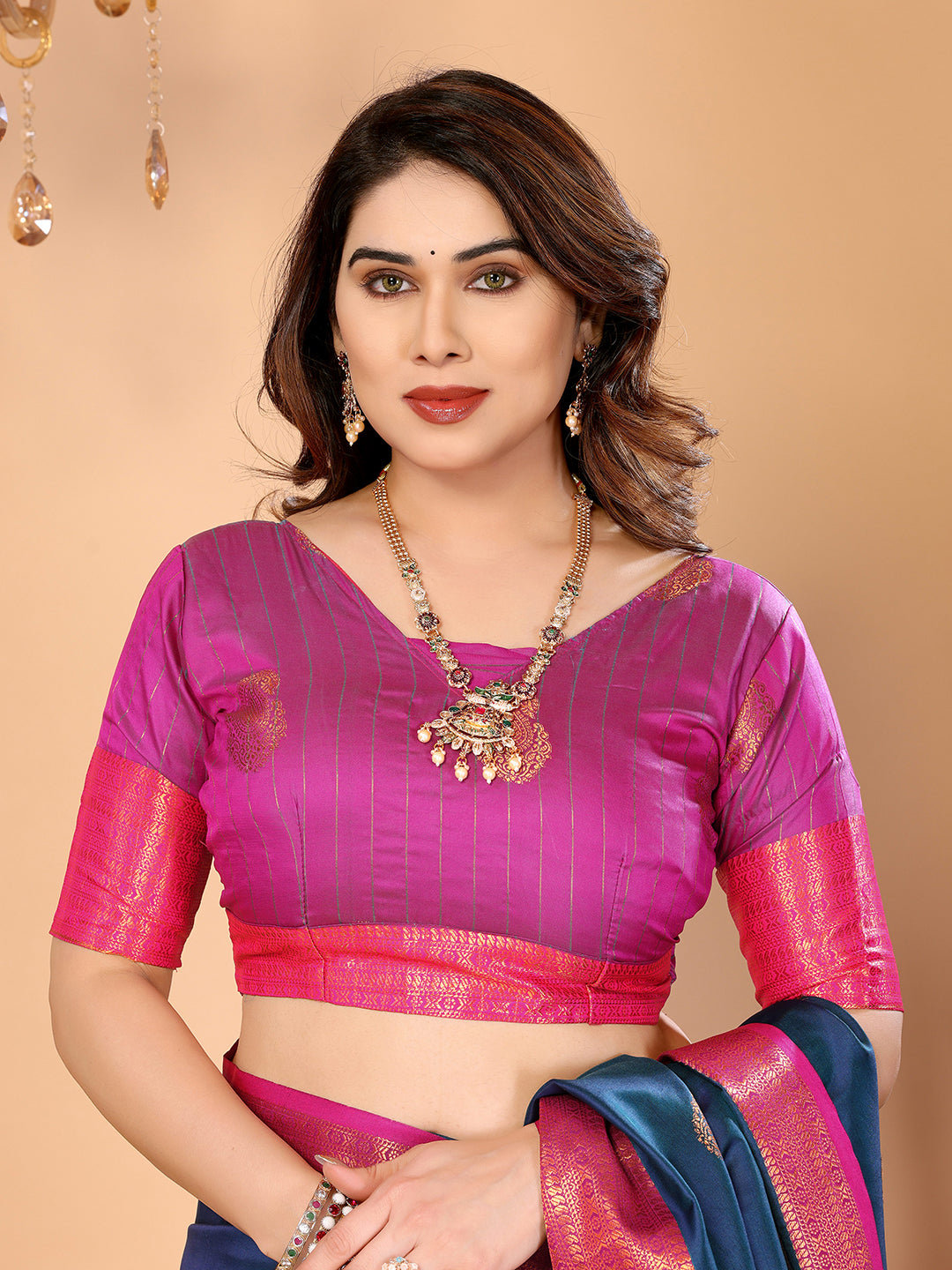 Navy Blue Soft Silk Saree with Rani Pink Zari Border & Traditional Woven Pallu