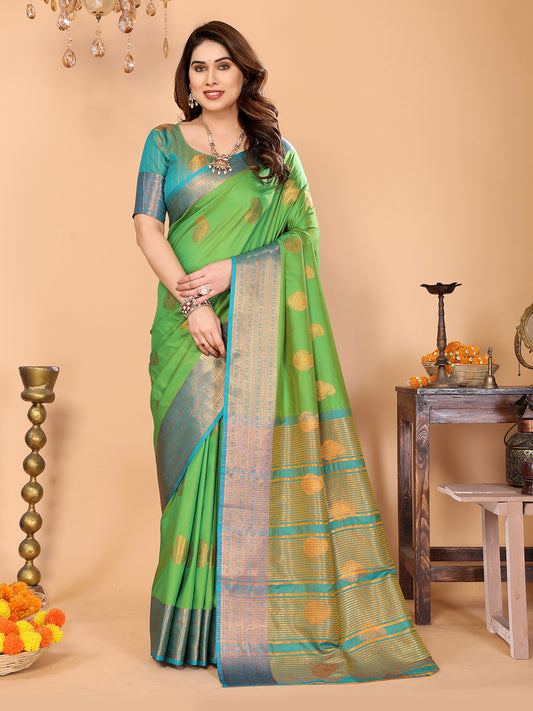 Parrot Green Soft Silk Saree with Sky Blue Zari Border & Traditional Woven Pallu