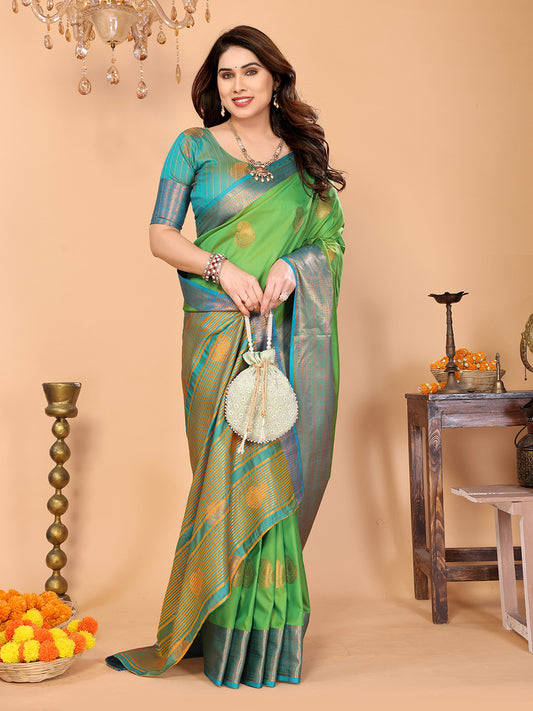 Parrot Green Soft Silk Saree with Sky Blue Zari Border & Traditional Woven Pallu