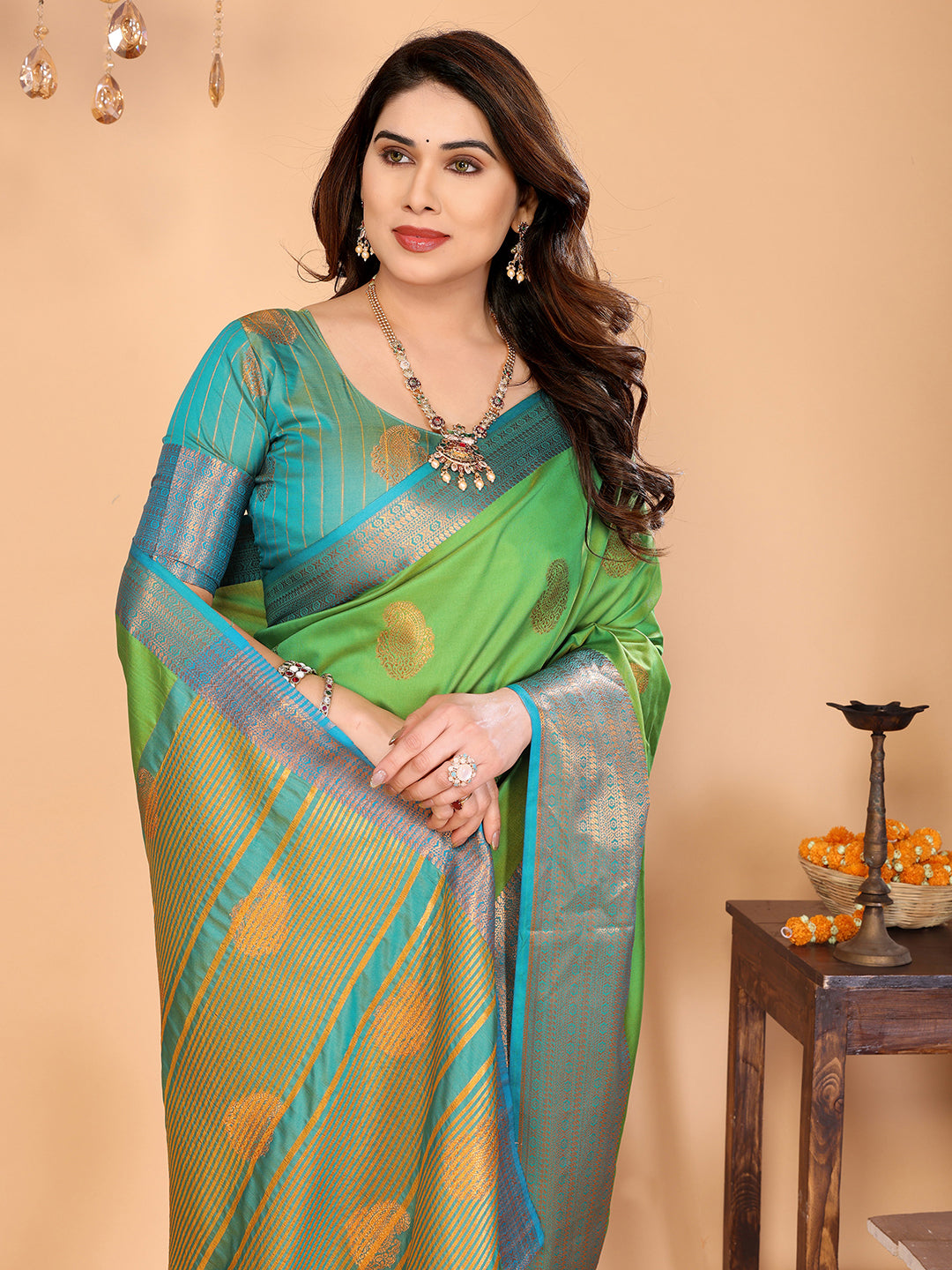 Parrot Green Soft Silk Saree with Sky Blue Zari Border & Traditional Woven Pallu